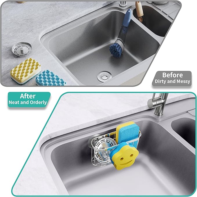 HapiRm Sink Caddy Sponge Holder - 2 Installation Ways Kitchen Sink Organizer with Smiley Face Sponge Holder, Stainless Steel Kitchen Caddy - Silver - Image 7