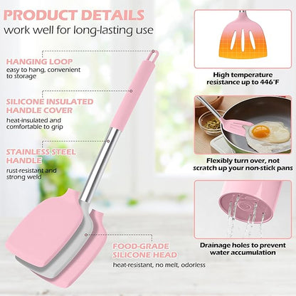 HaWare 29 PCS Silicone Cooking Utensils Set, Heat Resistant Kitchen Utensils Set with Stainless Steel Handle, Spatula Sets with Holder and Hooks, Kitchen Tools Gadgets for Nonstick Cookware -Pink