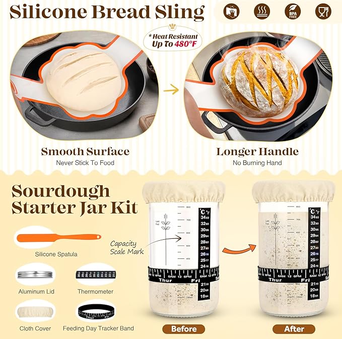 Sourdough Bread Baking Supplies, Sourdough Starter Kit, Bread Proofing Basket, Bread Making Tools Kit, Sour Dough Kit Tools, Sourdough Proofing Basket, Sourdough Kit Gifts for Bakers Women Wife Mom - Image 7