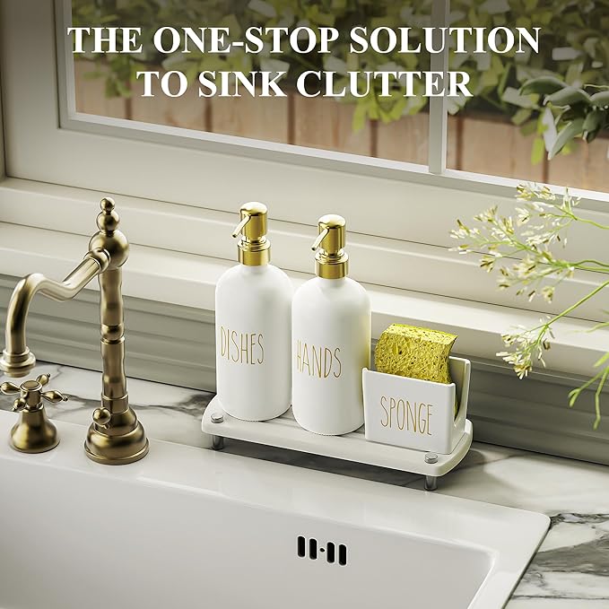 Cisily Kitchen Soap Dispenser Set Comes with Ceramics Sponge Holder, Gold Pumps, and Instant Dry Tray, Hand and Dish Soap Dispenser Set (4, Gold + White + Sponge Holder) - Image 4