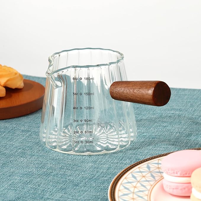 Joeyan 6 oz Glass Measuring Cups with Spout,Borosilicate Glass Triple Pitcher with Scale,Origami Style Espresso Shot Glasses with Wood Handle for Coffee Milk,Dishwasher Safe - Image 5