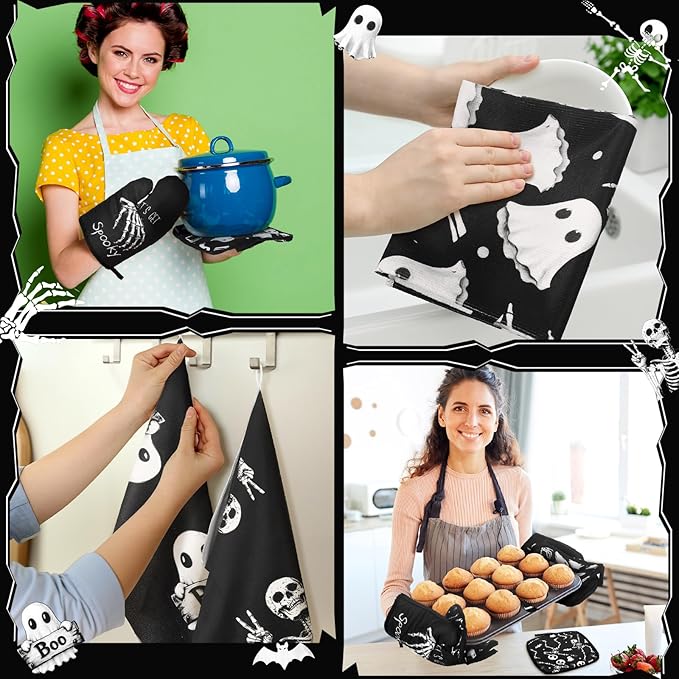 Leinuosen 8 Pcs Skull Kitchen Decor Set Kitchen Towels Gothic Oven Mitts and Pot Holders Skeleton Hand Dish Towels Horror Oven Mitts for Home Decoration Party Gifts (Vintage Color,Ghost) - Image 6
