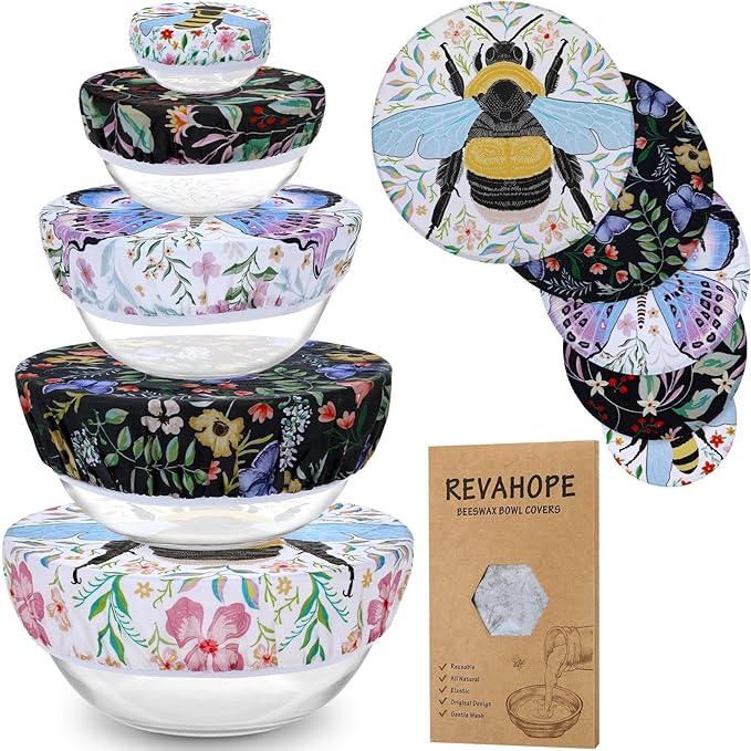 5-Size Reusable Beeswax Bowl Covers for Bread Proofing, Cotton Cloth Flexible Beeswax Wraps for Food Storage(Honeybee) by Revahope