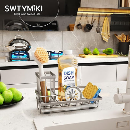 SWTYMIKI Sink Caddy Sponge Holder - Kitchen Sink Organizer with High Brush Holder for Countertop to Hold Dish Soaps and Sponges, Stainless Steel, Sand Nickel - Image 2