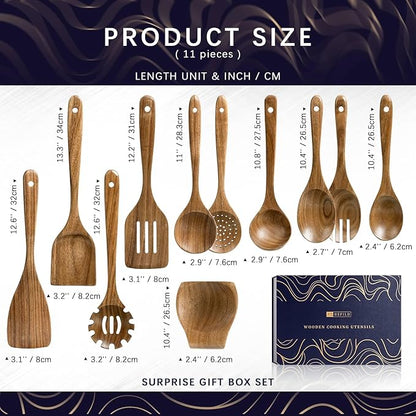 Wooden Spoons for Cooking, Nonstick Cooking Utensil Set with 10 Piece Acacia Wooden Spatulas and Spoons, as well as a Extra Whole Wood Spoon Rest, Terrific for Everyday Kitchen Tasks - Image 2