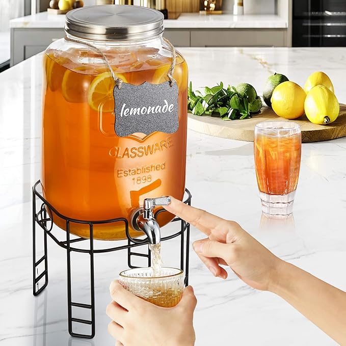 2 Gallon Drink Dispensers for Parties, 1 Pack Glass Beverage Dispenser with Stand & 18/8 Stainless Steel Spigot, Lemonade Jug for Wedding, Picnic, BBQ - Image 6