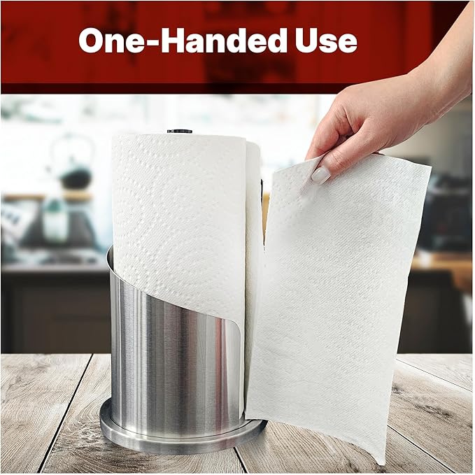 Stainless Steel Paper Towel Holder Countertop, Modern Spiral Cover Design,Weighted Base for Stability, Freestanding Easy One-Handed Operation for Kitchen Bathroom (Brushed Silver)
