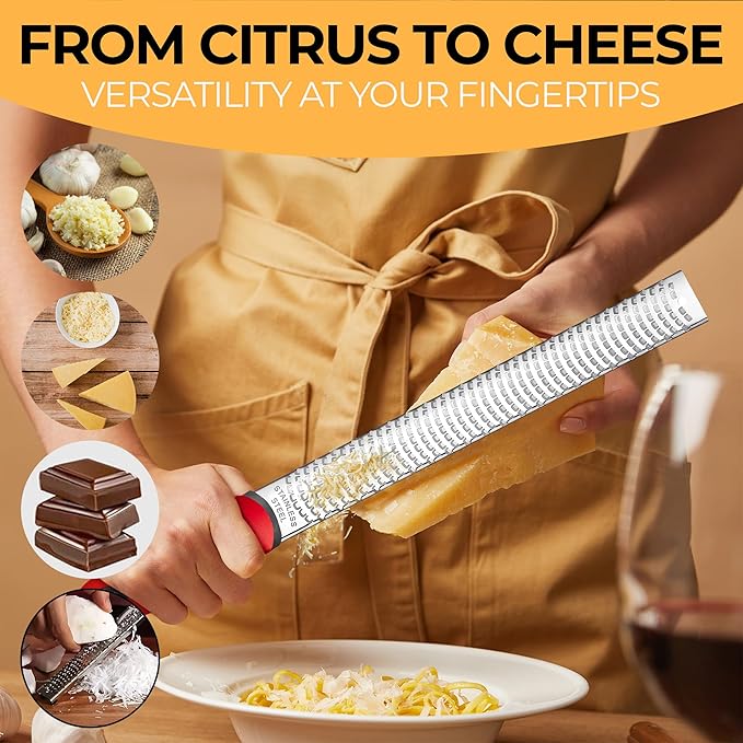 Orblue Lemon Zester & Cheese Grater - Premium Citrus Zester, Kitchen Grater for Parmesan, Chocolate, Fruits, Vegetables, Ginger, Garlic, Nutmeg - Stainless Steel Blades with Protective Cover, Red - Image 5