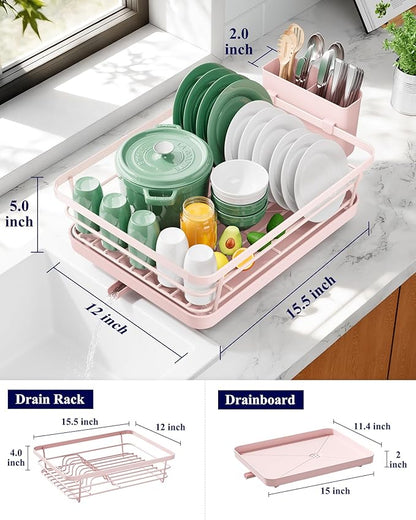 Kitsure Dish Drying Rack for Kitchen Counter, Stainless Steel Sink Organization and Storage Essentials with Cutlery Holder, Home and Appartment Decor, 12''W x 15.5''L, Pink - Image 2