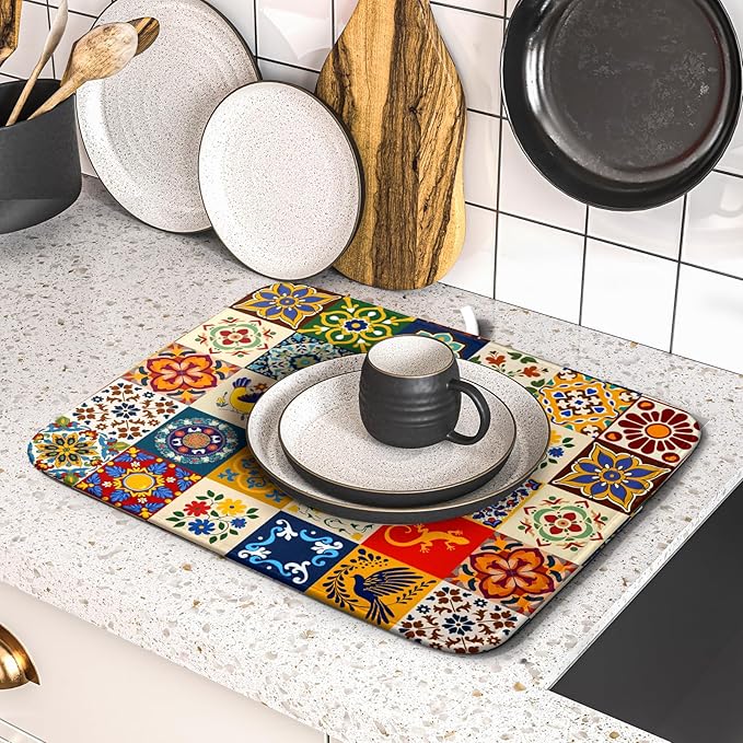 Giwawa Mexican Tile Dish Drying Mat 16"x18" Talavera Boho Floral Print Dish Drainer Mats Rustic Ethnic Traditional Reversible Small Dish Drying Pad Protector for Kitchen Countertop Decor