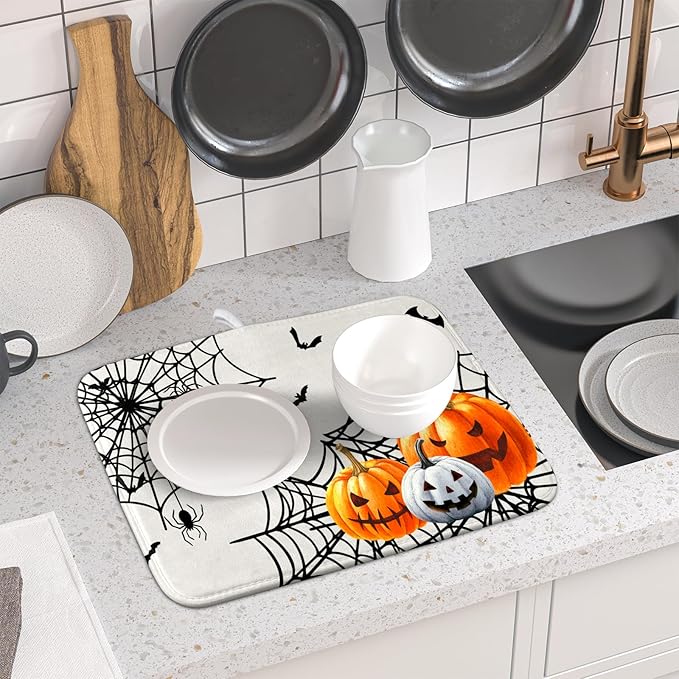 Giwawa Happy Halloween Dish Drying Mat 16"x18" Spooky Colorful Pumpkins Decorative Dish Drainer Mats Horrible Spider Web Bats Reversible Dish Drying Pad for Kitchen Countertop Dining Room