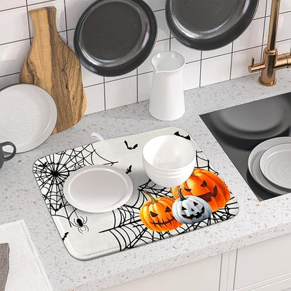 Giwawa Happy Halloween Dish Drying Mat 16"x18" Spooky Colorful Pumpkins Decorative Dish Drainer Mats Horrible Spider Web Bats Reversible Dish Drying Pad for Kitchen Countertop Dining Room