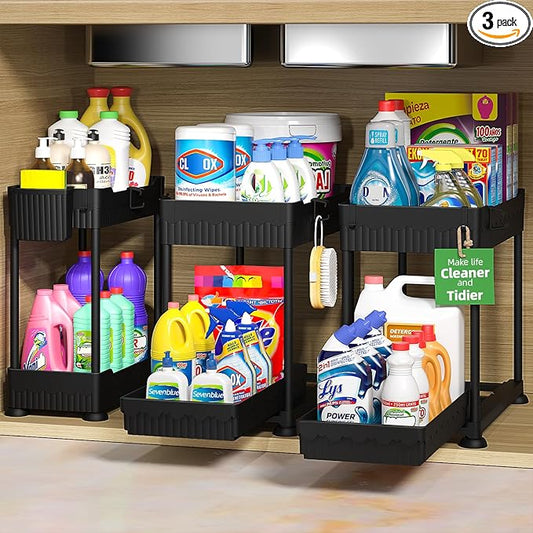 Sevenblue 3 Pack Under Sink Organizers, 2-Tier Multi-Use Kitchen and Bathroom Organizers and Storage with Sliding Drawers, Bathroom Cabinet Organizer (Black, 14.8 Inch) by Sevenblue