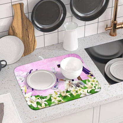Giwawa Easter Purple Dish Drying Mat, He is Risen Cross Lamb Floral Dish Drainer Mats, Spring Lily Flowers Reversible Dish Drying Rack Pad Protector for Kitchen Countertop Decor, 16"x18"