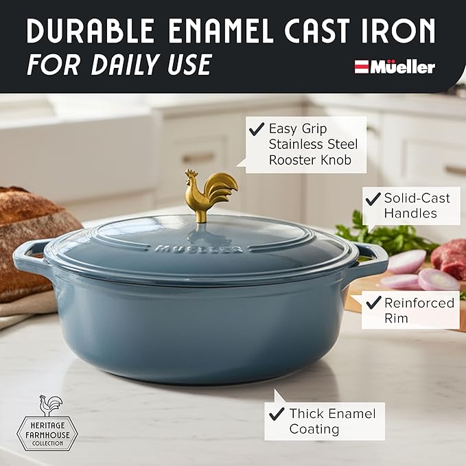 MUELLER HOME 5.5 Quart Enameled Cast Iron Oval Dutch Oven w Rooster Knob & Cotton Potholders, Heavy-Duty Cookware, Oven-Safe up to 500° F & Across All Cooktops, Gifts for Grandma & Women, Mineral Blue - Image 2