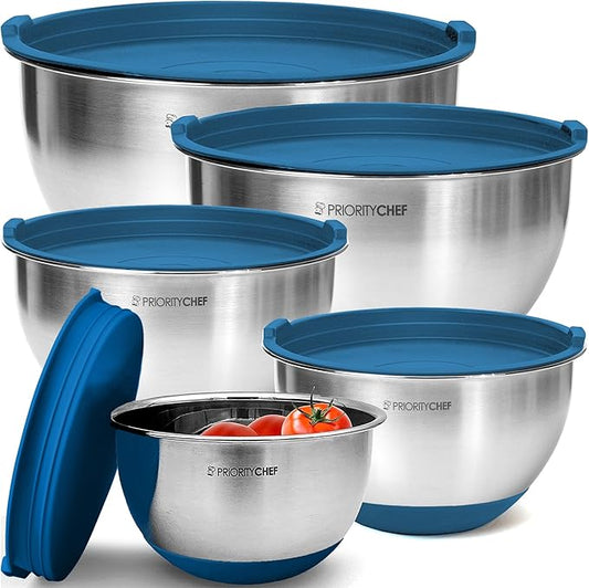 Priority Chef Premium Mixing Bowls With Airtight Lids Set, Thicker Stainless Steel Mixing Bowl Set, Large Prep Metal Bowls with Lids, Nesting Bowls for Kitchen, 1.5/2/3/4/5 Qrt, Blue by PriorityChef