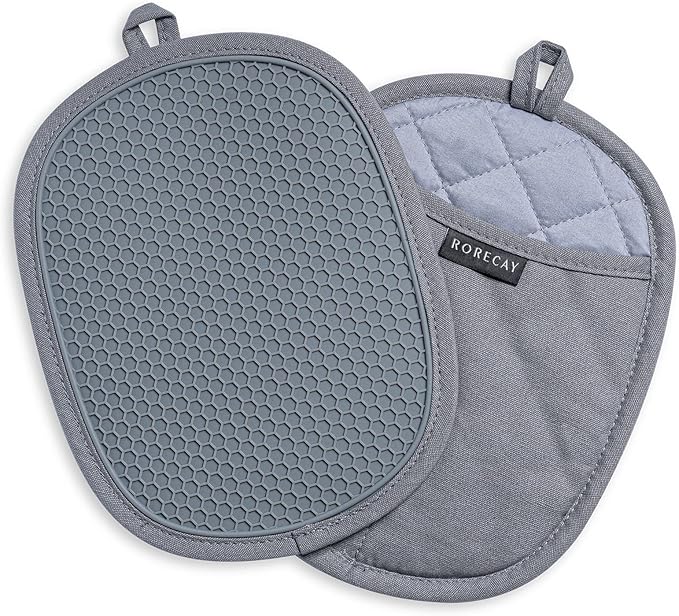 2-Pack Silicone Pot Holders for Kitchen Heat Resistant up to 500°F, Non-Slip Large Hot Pads with Pocket, Quilted Liner Trivets for Countertops Hot Pots and Pans (Gray) by Rorecay