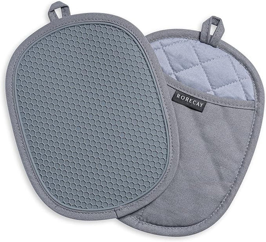 2-Pack Silicone Pot Holders for Kitchen Heat Resistant up to 500°F, Non-Slip Large Hot Pads with Pocket, Quilted Liner Trivets for Countertops Hot Pots and Pans (Gray) by Rorecay