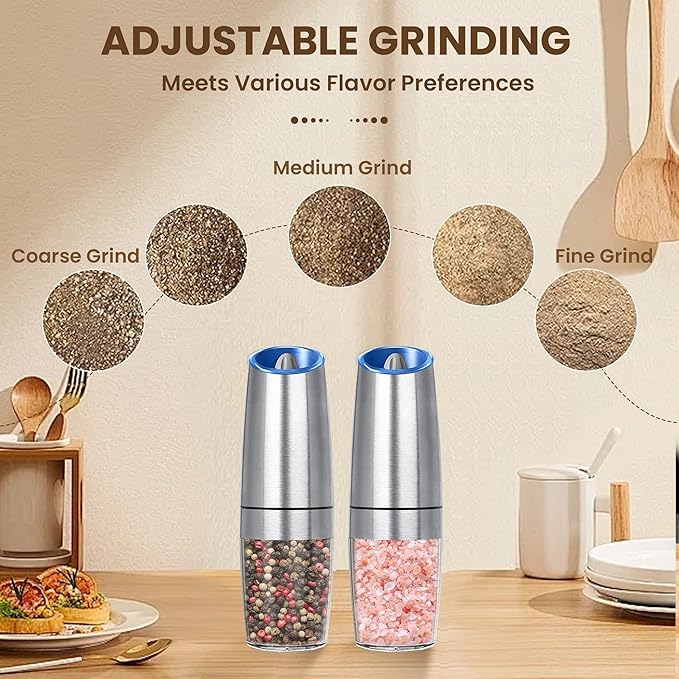 Gravity Electric Salt And Pepper Grinder Set, Automatic Salt And Pepper Grinder Set, Battery Powered (6 AAA Batteries Each), Adjustable Roughness, LED Light, 2 Pack, (Silver) - Image 3