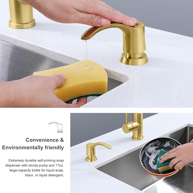 GAGALIFE Kitchen Sink Soap Dispenser with 17 Ounce Large Bottle, Built in Sink Soap Dispenser (Brushed Gold) Kitchen Soap Dispenser Refill from Top, G080BG