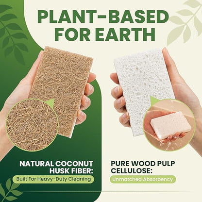 Metflavor 24 Pack Natural Kitchen Sponges, Biodegradable Non-Scratch Cellulose Sponge with Coconut Scrubber for Dishes, Compostable, Non Toxic Cleaning Sponges for Kitchen, Bathroom, Household