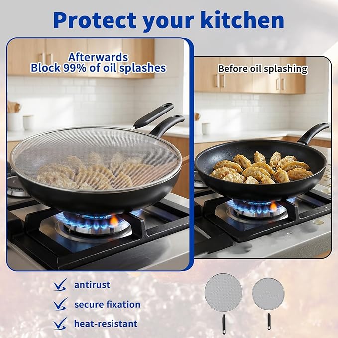 2-Pack Splatter Screen for Frying Pan - 8'' 10'' Stainless Steel Grease Splatter Guard - Cover Oil Splash when Sizzling Bacon - Fine Mesh Cover, Splatter Screen for Frying Pan, Cooking Pots - Image 5