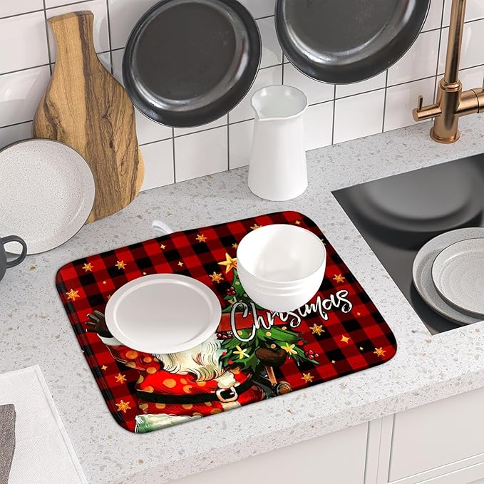 Merry Christmas Santa Claus Red Buffalo Plaid Dish Drying Mat for Kitchen Counter,Winter Snowflake Xmas Tree Drying Mat 16 x 18 Inch with Absorbent Reversible Microfiber Dish Drying Pad for Coffee Bar - Image 6