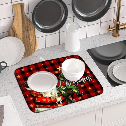 Merry Christmas Santa Claus Red Buffalo Plaid Dish Drying Mat for Kitchen Counter,Winter Snowflake Xmas Tree Drying Mat 16 x 18 Inch with Absorbent Reversible Microfiber Dish Drying Pad for Coffee Bar - Image 6