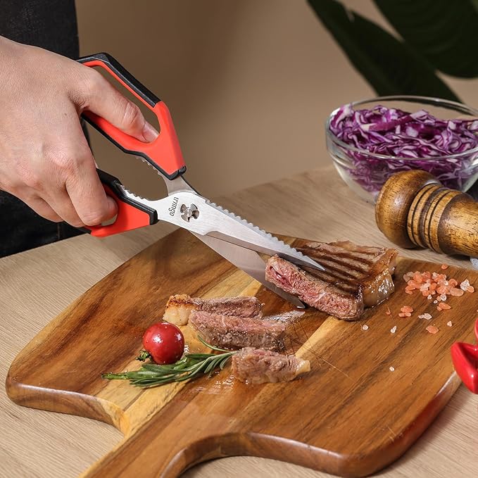 LIVINGO Kitchen Scissors Set All Purpose - Heavy Duty Stainless Steel Come Apart Food Shears for Cutting Meat, Vegetables, Dishwasher safe, 2 Pack, Red Black Multi-Function Handles - Image 4