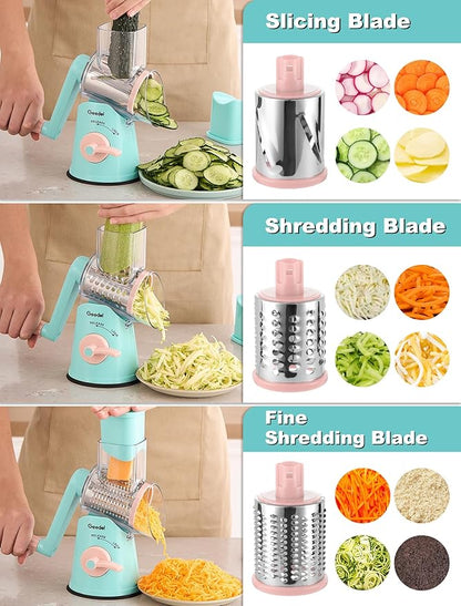 Geedel Rotary Cheese Grater Cheese Shredder - Upgraded 5-in-1 Cheese Grater with Handle and Strong Suction Base, Multi-purpose Vegetable Slicer Ice Shaver Nuts Grinder for Ice, Vegetables, Fruit, Nuts - Image 4