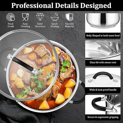 E-far 6 QT Stainless Steel Pot, Stock Cooking Pot with Visible Lid for Simmering Soup Pasta, Tri-Ply Thick Base for Induction Gas, Dual Silicone Handles for Heat Proof, Non-Toxic & Dishwasher Safe - Image 4