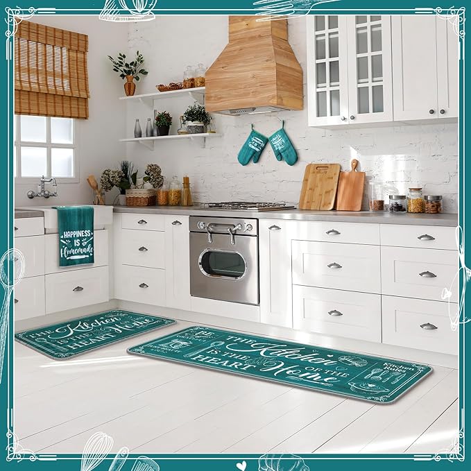 Fourluoo 10 Pcs Farmhouse Kitchen Decor and Accessories Set 4 Kitchen Towels 2 Pot Holders 2 Oven Mitts 2 Rugs for Cooking Baking Mom Housewarming Gifts(Light Blue,Classic Style) - Image 3