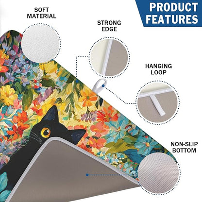 Spring Summer Floral Cat Dish Drying Mat for Kitchen Counter Abstract Oil Painting Wildflower Microfiber Dish Drainer Mat Rustic Absorbent Washable Drying Pad Extra Large 18"x24"