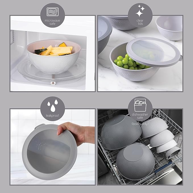 COOK WITH COLOR Mixing Bowls with Lids - 12 Piece Plastic Nesting Bowls Set includes 6 Prep Bowls and 6 Lids, Microwave Safe Mixing Bowl Set, Grey Rhombus - Image 5