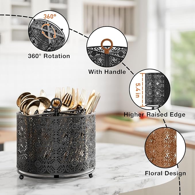 YIUKEA 360° Rotating Utensil Caddy Countertop - Cutlery Silverware Caddy Holder with 4 Compartment - Higher Raised Flatware Organizer with Handle for Party Kitchen Counter Office Black - Image 4