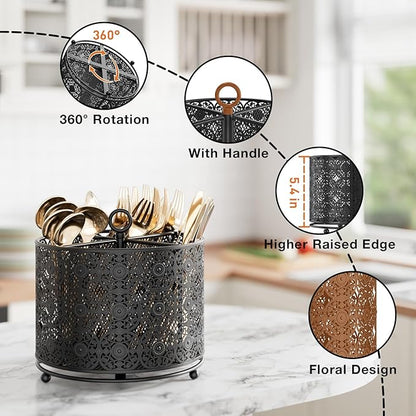 YIUKEA 360° Rotating Utensil Caddy Countertop - Cutlery Silverware Caddy Holder with 4 Compartment - Higher Raised Flatware Organizer with Handle for Party Kitchen Counter Office Black - Image 4