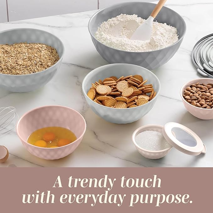 COOK WITH COLOR Mixing Bowls with Lids - 12 Piece Plastic Nesting Bowls Set includes 6 Prep Bowls and 6 Lids, Microwave Safe Mixing Bowl Set, Grey/Pink Diamond - Image 7