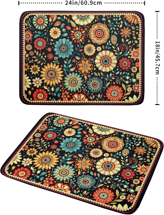 Boho Floral Dish Drying Mat for Kitchen Counter Absorbent Microfiber Flowers Drying Pad 18 X 24 In - Image 2