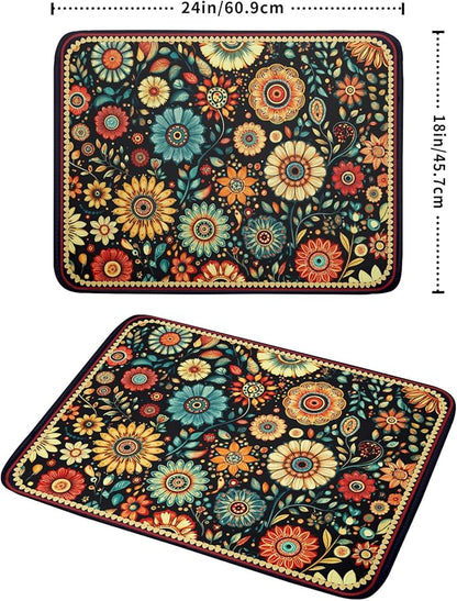 Boho Floral Dish Drying Mat for Kitchen Counter Absorbent Microfiber Flowers Drying Pad 18 X 24 In - Image 2