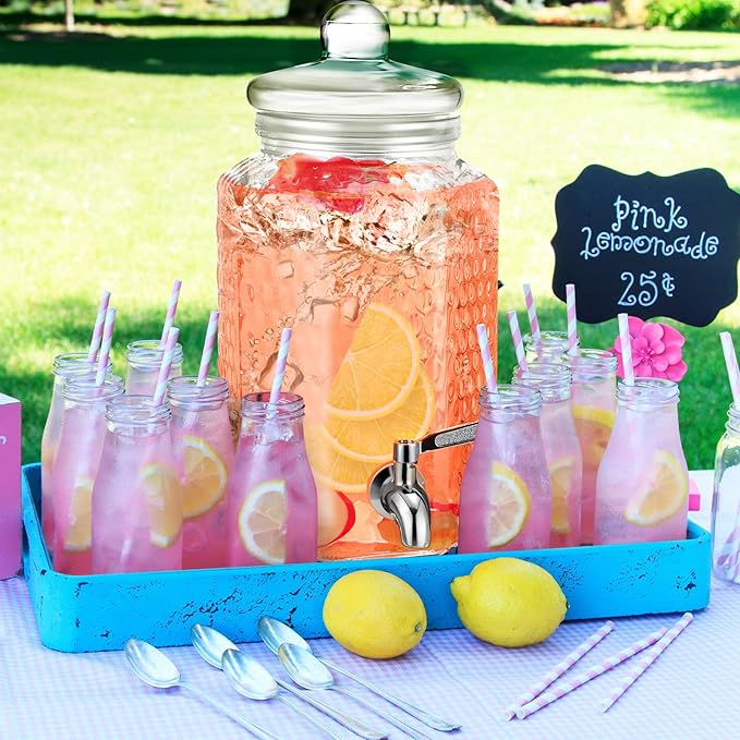 3 Pcs 1 Gallon Beverage Dispensers Glass Drink Dispenser with Stand Large Clear Drink Containers for Parties Glass Jug with Spigot and Lid for Party Bar Juice Lemonade Punch Water Tea