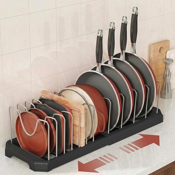 Pots and Pans Organizer for under Cabinet, Pan Pot Organizers inside Cabinet, Expandable Organizer with 12 Adjustable Dividers for Cookie Sheets, Cutting Boards, Pot Lids, Cookware - Pan Rack, Black - Image 2