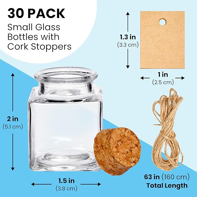 BLUE PANDA 30 Pack Small Glass Bottles with Cork Lids, 50ml Mini Jars with Twine & Tags – Square Glass Bottles for Spices, Spell Jars, Crafts, Party Favors, Weddings & DIY Storage