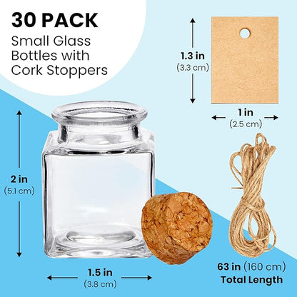 BLUE PANDA 30 Pack Small Glass Bottles with Cork Lids, 50ml Mini Jars with Twine & Tags – Square Glass Bottles for Spices, Spell Jars, Crafts, Party Favors, Weddings & DIY Storage