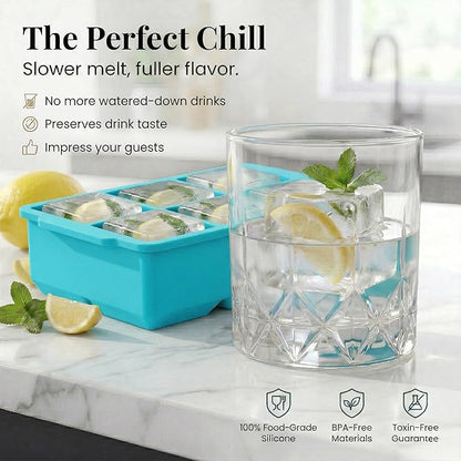 KitchFort Large Silicone Ice Cube Tray (2-Pack), Easy Release 2" Big Ice Cubes - Cocktail, Whiskey Ice Cubes Mold - Ice Trays for Freezer with Lid - Stackable Silicone Ice Tray - Turquoise - Image 4