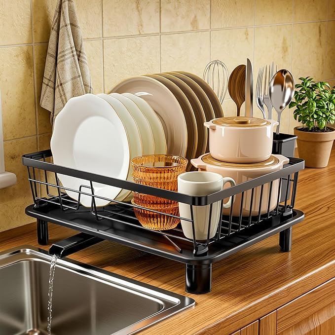 MOUKABAL Dish Drying Rack, Dish Rack, Stainless Steel Dish Racks for Kitchen Counter, Dish Drainer with Removable Utensil Holder, Drainboard (Black,11''W x 15''L) - Image 4