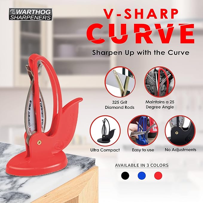 Warthog V-Sharp CURVE Professional Knife Sharpener System, 25 Degree Angle Knife Sharpener, 325 Grit Diamond Hones, Kitchen Tools, Easy to Use, Lightweight, No Adjustments, Ultra Compact, Red - Image 7