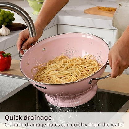 Metal Colander 2 Pack, Strainer Bowel with Handles 2Qt & 6Qt Powder Coated Solid Ring Base Heavey Duty Kitchen Drainer Basket for Pasta Veggies and Fruits,New Home Apartment Essentials (Pink) - Image 2