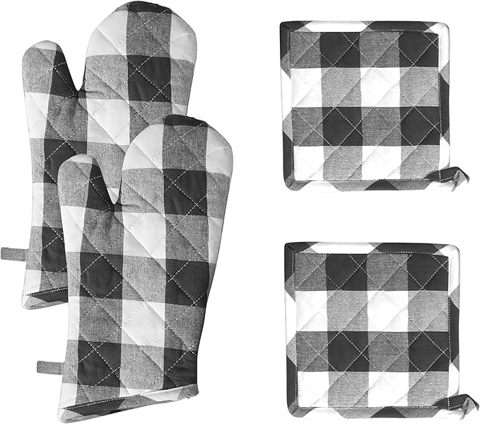 Native Fab Buffalo Plaid Check Oven Mitts and Pot Holders Set of 4, 100% Cotton Heat Resistant Kitchen Gloves, 2 Oven Mitts (7x13), 2 Pot Holders (8x8) for Cooking & Baking, Steel Grey White by NativeFab