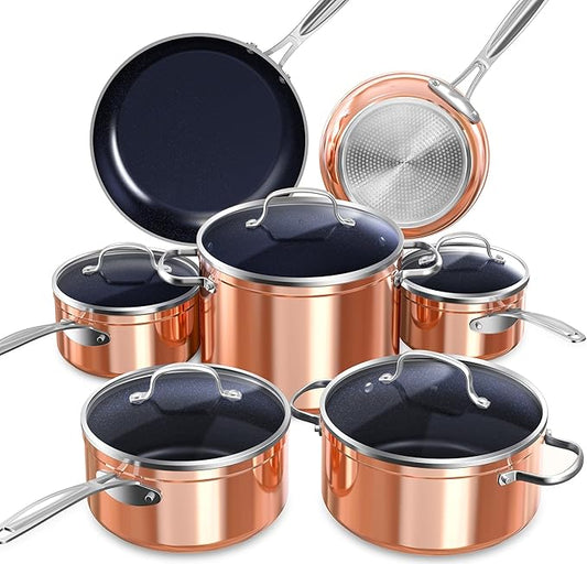 Nuwave Healthy Duralon Blue Ceramic Nonstick Cookware Set, Diamond Infused Scratch-Resistant, PFAS Free, Dishwasher & Oven Safe, Induction Ready & Evenly Heats,Tempered Glass Lids & Stay-Cool Handles by NuWave