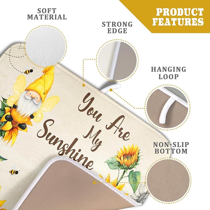 Giwawa Bee Gnomes Dish Drying Mat, Summer Sunflowers Elf Dish Drainer Mats for Kitchen Countertop, Vintage Sunshine Floral Absorbent Reversible Dish Drying Pad Decor, 16x18inches, Small